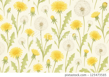 象牙色背景上,蒲公英花和絨毛組成的春天色彩圖案 象牙色背景上,蒲公英花和絨毛組成的春天色彩圖案 125473585
