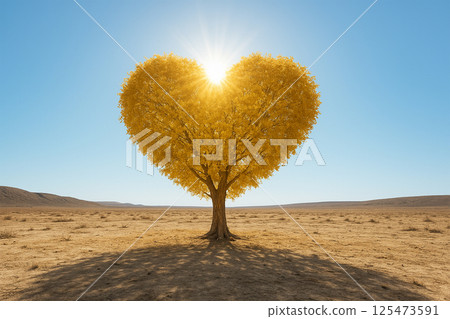 A heart-shaped golden tree in the wilderness and a shining sun A heart-shaped golden tree in the wilderness and a shining sun 125473591
