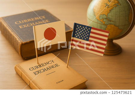 Historical economic relations between Japan and the United States expressed through paper flags and old books 125473621