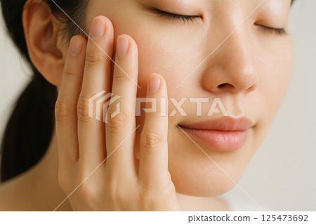 細緻描繪了日本女性的手觸碰臉頰時的溫柔瞬間 125473692