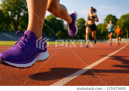 田徑跑道上跑步的女跑步選手腳部特寫 125473693