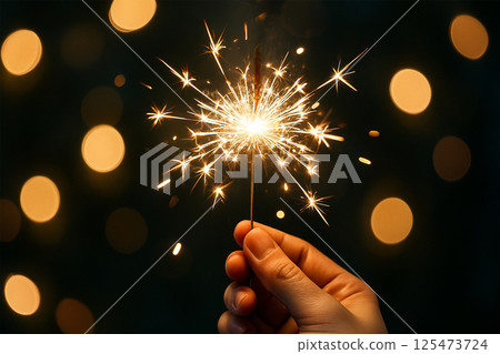 Close-up of sparklers shining in the night and hands 125473724