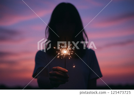 A woman holding out a sparkler against the backdrop of the evening sky 125473725