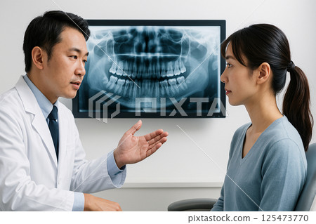 Dentist explaining dental X-rays to female patient during examination Dentist explaining dental X-rays to female patient during examination 125473770