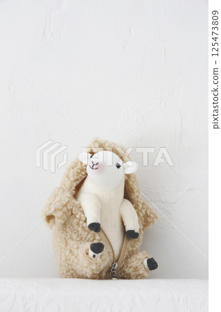 白色背景下拍攝的綿羊毛絨玩具 125473809