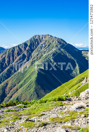 Mt. Akaishi and Mt. Ko-Akaishi seen from Mt. Arakawa Nakadake. Southern Alps. Climbing Mt. Akuzawa and Mt. Arakawa. 125473862