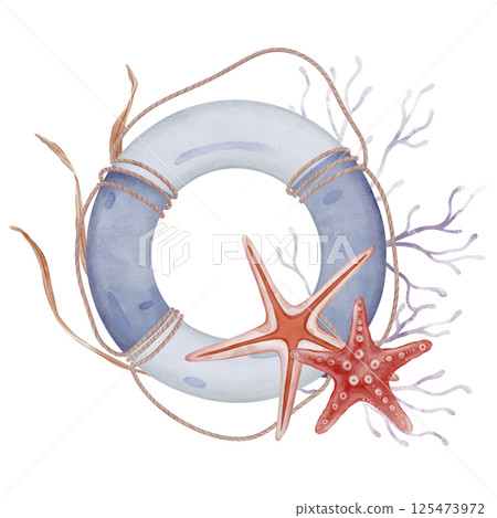 Watercolor illustration sea lifebuoy light blue and white safeties ring with rope. Hand drawn composition with marine rescue equipment and Seaweed, star, seashell, isolated on background. 125473972