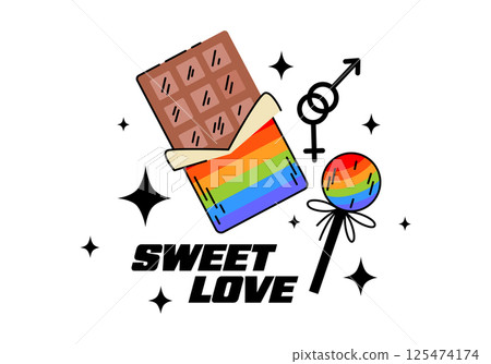Cute cartoon sweets, chocolate, lollipop in the color of the rainbow flag. Flat vector illustration. LGBT+, pride tolerance, June, sexual orientation, gender, rainbow, equality, gay, lesbian, bisexual 125474174