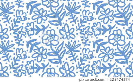 Floral seamless pattern. Blue and white textile design. Summer plants print. Flowers wallpaper, pattern, background. 125474374