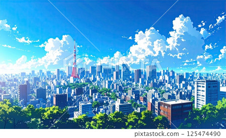 AI image: Tokyo cityscape in midsummer with cumulonimbus clouds 125474490