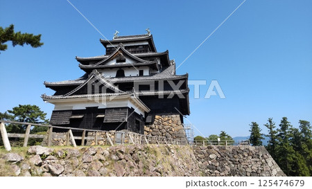 Matsue Castle, a national treasure, towering into the blue sky 125474679