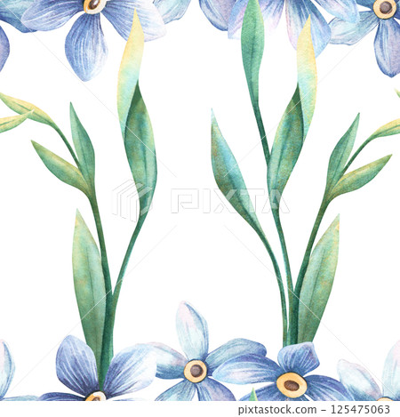 Spring elegant floral seamless pattern - forget-me-not blue flowers with green foliage. Hand-painted watercolor illustration of botanical branches. Ideal for vintage fabrics, romantic background Spring elegant floral seamless pattern - forget-me-not blue flowers with green foliage. Hand-painted watercolor illustration of botanical branches. Ideal for vintage fabrics, romantic background 125475063