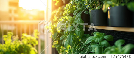 Vertical herb garden in the morning sunlight 125475428