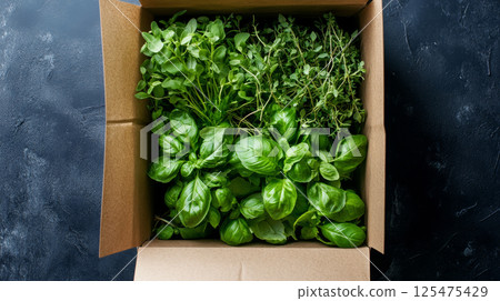 Organic basil and thyme in cardboard delivery box 125475429