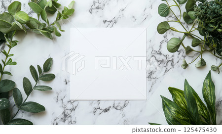 Blank Card Displayed on Marble with Greenery Background 125475430