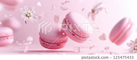 Floating Pink Macarons and Cherry Blossoms 125475433