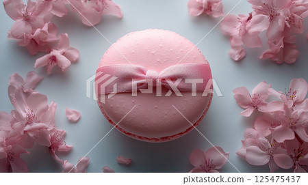 Pink Macaron Tied with Ribbon on Blue Background 125475437