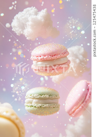 Macarons stacked in a dreamy cotton candy cloud scene with a rainbow 125475438