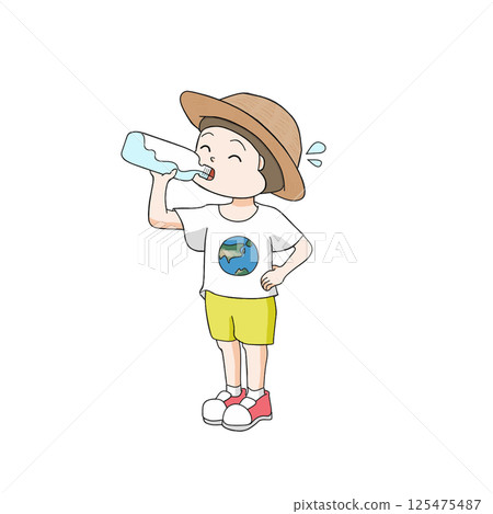 A child in a straw hat hydrates himself. No background 125475487
