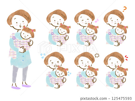 Set of facial expressions of a mother holding a baby in a baby carrier 125475593