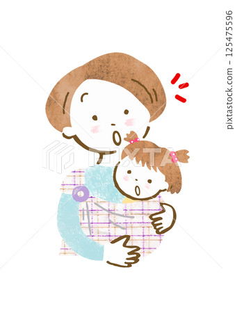 手繪插圖：一位母親驚訝地用吊帶抱著嬰兒 125475596