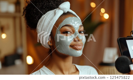 Woman with Green Facial Mask Filming Beauty Content 125475822