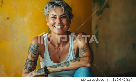 Joyful middle-aged woman with tattoo and friendly smile 125475834