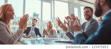 Team celebrating success during a business meeting. 125475851