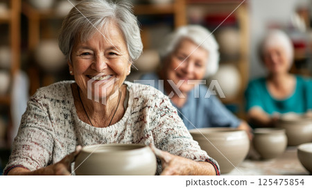 Seniors Enjoying Pottery Class Together 125475854