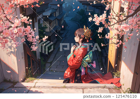 櫻花飄落的月夜，一位身著和服的年輕女子站在京都的石板街上 125476110