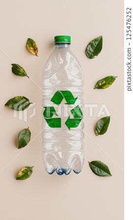 Clear plastic bottle with green recycle symbol surrounded by green leaves on beige 125476252