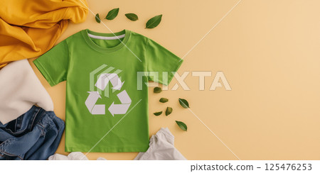 Green t shirt with recycling symbol surrounded by leaves and casual clothes on beige background 125476253