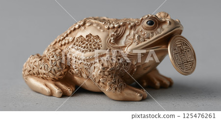 Jin chan Golden giant toad statue holding Chinese coin in its mouth with intricate details 125476261