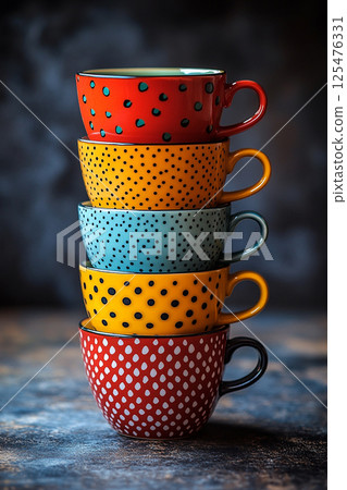 Stack of ceramic cups  with a pattern on a white background. 125476331