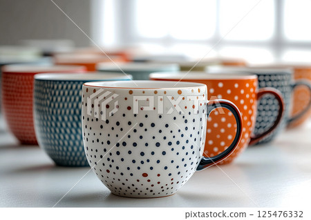 Variety of colorful cups  with a pattern on a white background. 125476332