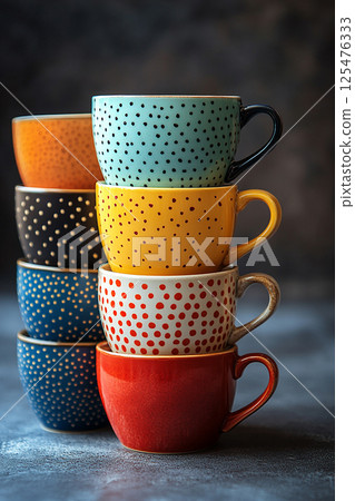 Stack of colorful cups with a pattern on a white background. Stack of colorful cups with a pattern on a white background. 125476333