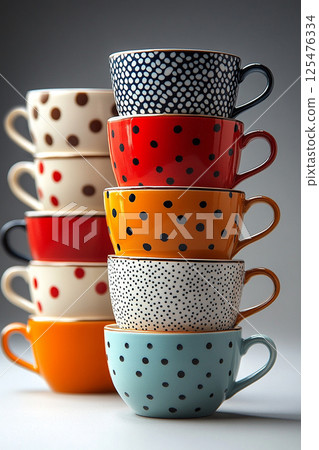Stack of colorful cups  with a pattern on a white background. 125476334