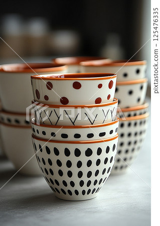 Variety of colorful cups with a pattern on a white background. Variety of colorful cups with a pattern on a white background. 125476335
