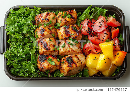 Packed office lunch box with quinoa salad, grilled chicken, mixed greens and fruit. 125476337