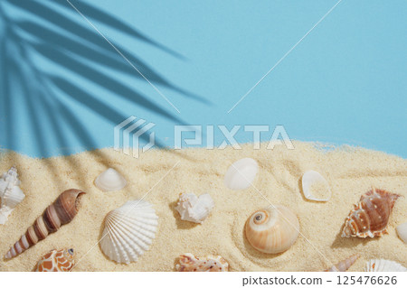 The shadow of palm leaves falls on fine yellow sand dotted with a variety of shells on a bright blue background. A space for your text 125476626