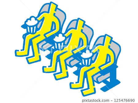 Three stick figures eating popcorn while watching a movie. Three stick figures eating popcorn while watching a movie. 125476690