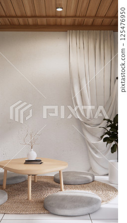 living room low table and pillow decoration wabisabi  room interior .3D rendering 125476950