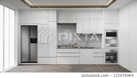 white modern loft style on kitchen counter scene mockup and set shaped kitchen design. 3d rendering 125476964