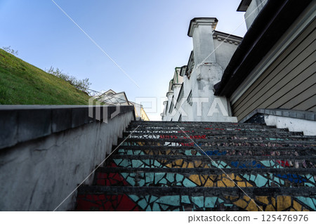 Mosaic steps, bottom-up view, old town. Evening City 125476976