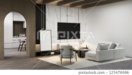 Living room with sofa and table on carpet minimalist design modern wooden style.3D rendering Living room with sofa and table on carpet minimalist design modern wooden style.3D rendering 125476996