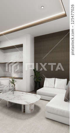 Living room with sofa and table on carpet minimalist design modern wooden style.3D rendering Living room with sofa and table on carpet minimalist design modern wooden style.3D rendering 125477026