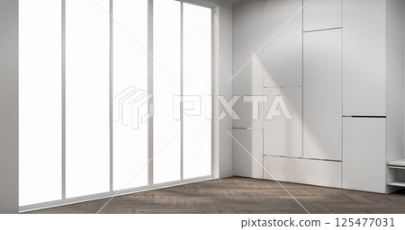 Mockup Empty cabinet shelf room minimal with modern wood panels wall background 3D illustration rendering 125477031