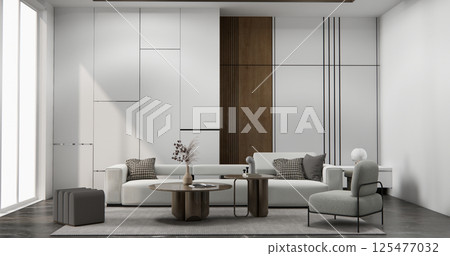 Living room with sofa and table on carpet minimalist design modern wooden style.3D rendering Living room with sofa and table on carpet minimalist design modern wooden style.3D rendering 125477032