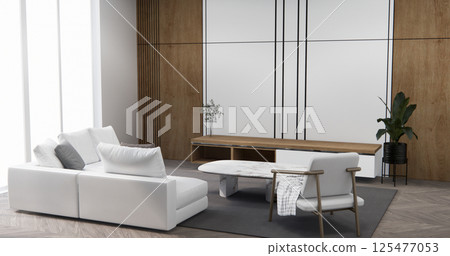 Living room with sofa and table on carpet minimalist design modern wooden style.3D rendering 125477053
