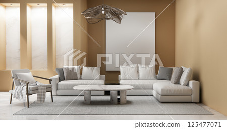 brown Modern room interior modern style and sofa and decoration .3D rendering 125477071